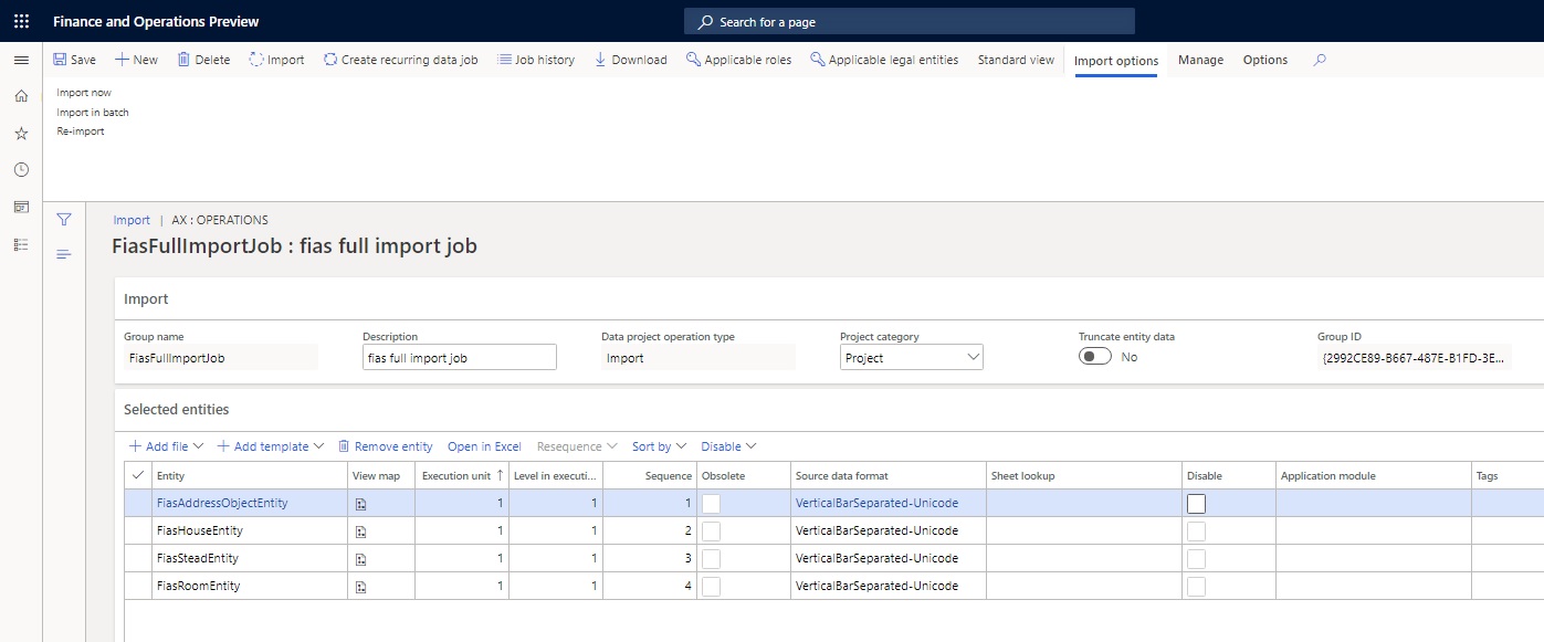 Screenshot of the Import page with fias full import job details.
